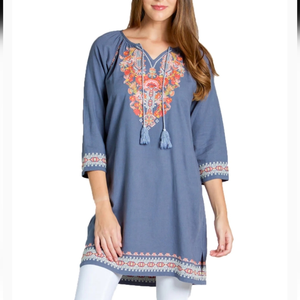 NWT Paparazzi By Biz Boho Embroidered Tunic Dress w/ Tassels Blue. Size S